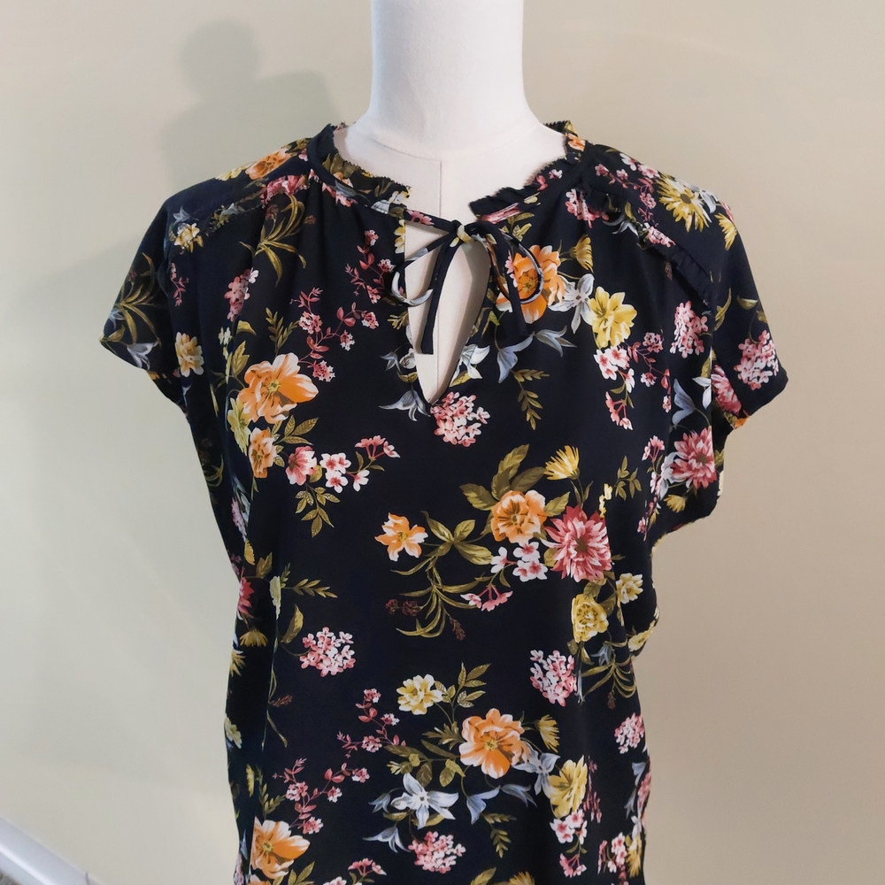 LOFT Navy Floral Print Blouse